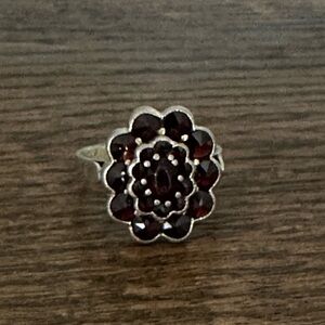 Vintage Bohemian Garnet Ring | Silver Cluster | Flower Design